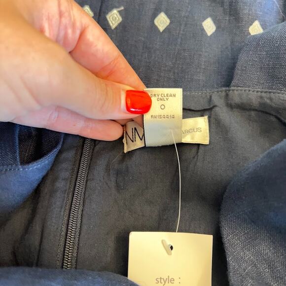 NWT Linen Neiman Marcus Navy W Sz S Shift Dress Embroidered Hem Mediterranean - Picture 4 of 9